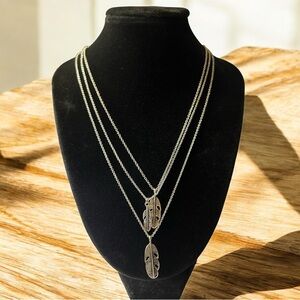 Elegant Triple Silver Feather Pendant Necklace
